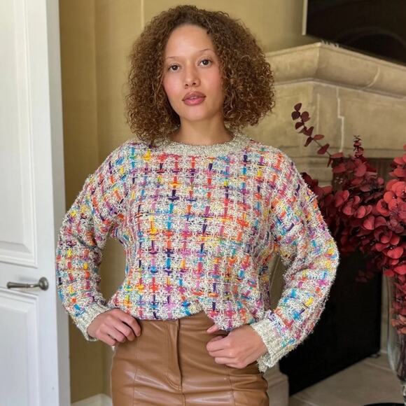 Anthropologie Stellah Tinsel Gold Metallic Tweed Pullover Sweater M - Picture 1 of 8